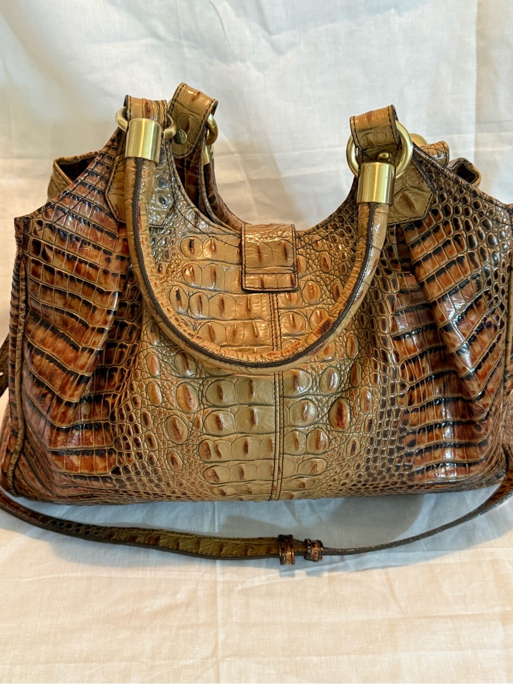 Brahmin Croc-Embossed Shoulder Bag in Tan with Gold Hardware - Picture 10 of 15